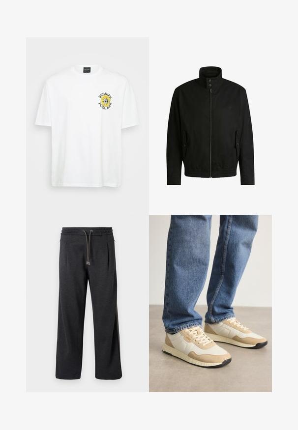 Black jacket with a high collar, zippered front, and elastic waistband. Features side pockets with cover flaps and subtle logo detailing.; White cotton t-shirt featuring a round neck, short sleeves, and a sunflower graphic with "SUNNIES POOL BAR" text on the left chest.; Dark gray joggers with a soft texture, elastic waistband, drawstring closure, and side seams featuring contrasting accents. Wide-leg design.; Beige and cream sneakers with suede and mesh materials, featuring a textured sole and tonal accents, paired with blue denim jeans.