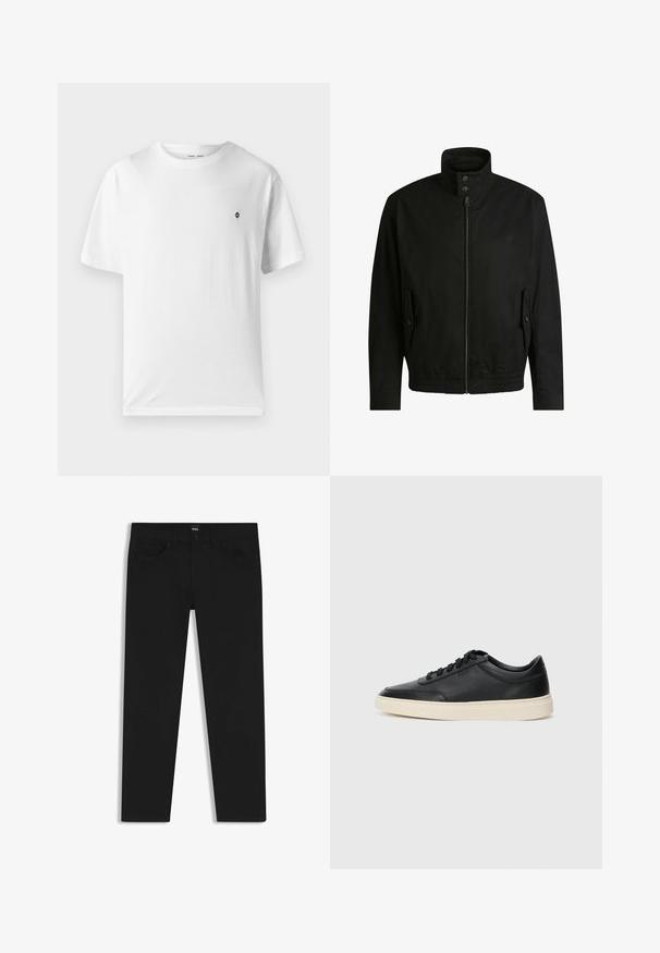Schwarze Jacke mit hohem Kragen, Reißverschluss vorne und elastischem Bund. Enthält Seitentaschen mit Klappen und dezenten Logodetails.; Weißes Baumwoll-T-Shirt mit rundem Halsausschnitt, kurzen Ärmeln und einem kleinen schwarzen Logo auf der Brust. Weicher Stoff, lässige Passform.; Schwarze Denim-Hosen mit geradem Schnitt, ausgestattet mit einem Standardbund, fünf Taschen und einem Knopfverschluss. Angenehme, glatte Textur.; Schwarzer niedriger Ledersneaker mit schwarzen Schnürsenkeln und cremefarbenem Sohlenrand, seitlich auf weißem Hintergrund dargestellt.