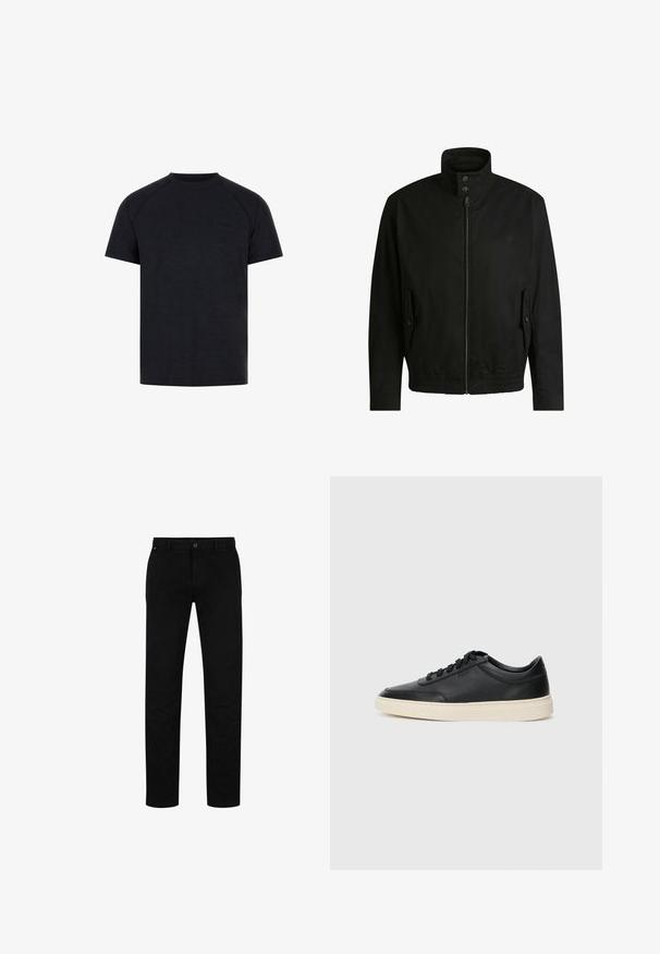 Black jacket with a high collar, zippered front, and elastic waistband. Features side pockets with cover flaps and subtle logo detailing.; Black crew-neck t-shirt made of smooth fabric. Features short raglan sleeves and a subtle embossed logo on the front chest area.; Black cotton trousers with a straight fit, featuring a button closure, belt loops, and minimalistic design. Smooth texture, no patterns.; Black low-top leather sneaker with black laces and off-white sole shown in side profile on white background.