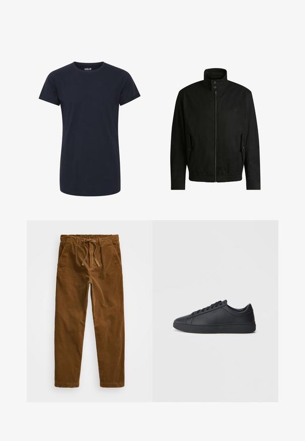 Black jacket with a high collar, zippered front, and elastic waistband. Features side pockets with cover flaps and subtle logo detailing.; Plain dark navy blue short-sleeve crew neck t-shirt with a slim fit and no visible logos or designs.; Brown corduroy pants featuring an elastic waistband with drawstring, side pockets, and straight legs with textured ribbing.; Black sneakers made of smooth leather with a low-top design, round toe, and flat rubber sole. Features laces and subtle branding.