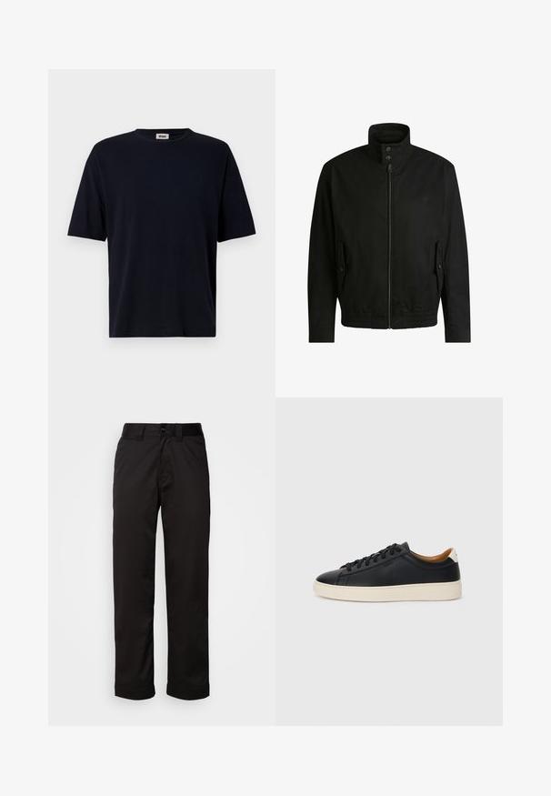 Sort jakke med høj krave, lynlåslukning foran og elastisk liv. Har sidelommer med coverlapper og subtile logo-detaljer.; Mørkeblå bomulds T-shirt med rund hals, korte ærmer og en subtil logo-detalje på brystet. Glat tekstur og afslappet pasform.; Sorte bukser lavet af glat stof med lynlås, knaplukning og opsmøgede nedenkanter for et afslappet design.; Sorte lædersneakers med en glat overflade, beige gummisål, snørebåndsdesign og en kontrastfarvet hæl.