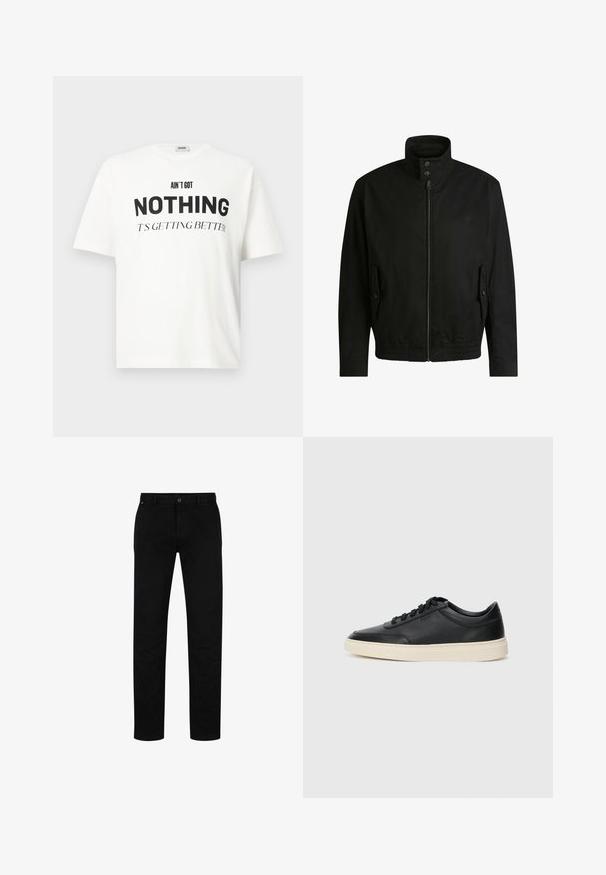 Zwarte jas met een hoge kraag, ritssluiting aan de voorkant en elastische tailleband. Voorzien van zijzakken met deksels en subtiele logo-details.; Witte oversized t-shirt met zwarte tekst "HEB NIKS, HET WORDT BETER" gedrukt op de voorkant, korte mouwen, ronde hals.; Zwarte katoenen broek met een rechte pasvorm, voorzien van een knoopsluiting, riemlussen en een minimalistisch ontwerp. Glad van structuur, zonder patronen.; Zwarte leren sneaker met lage schacht, zwarte veters en off-white zool, weergegeven in zijprofiel op een witte achtergrond.