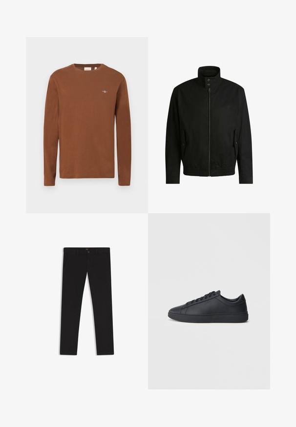 Sort jakke med høj krave, lynlåslukning foran og elastisk liv. Har sidelommer med coverlapper og subtile logo-detaljer.; Brun langærmet t-shirt lavet af bomuld. Har en rund halsudskæring og en lille broderet logo på brystet. Glat tekstur.; Sorte bukser lavet af stof med en glat tekstur. Har en knaplukning, bæltestropper og sidelommer. Standard design med lige ben.; Sorte sneakers lavet af glat læder med lavtopdesign, rund tå og flad gummisål. Har snøringer og subtil branding.