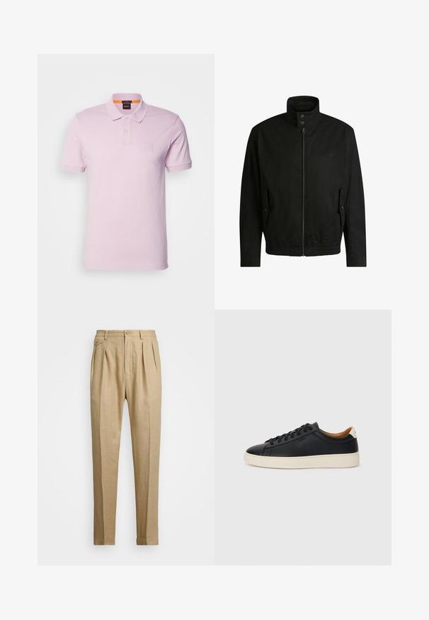 Schwarze Jacke mit hohem Kragen, Reißverschluss vorne und elastischem Bund. Enthält Seitentaschen mit Klappen und dezenten Logodetails.; BOSS PASSENGER - Poloshirt - open purple; Beige Leinenhose mit geradem Schnitt, ausgestattet mit zwei vorderen Falten, einem Knopfverschluss und seitlichen Taschen. Strukturierter Stoff mit glatter Oberfläche.; Schwarze Ledersneaker mit glatter Textur, beiger Gummisohle, Schnürdesign und einem kontrastierenden Fersenakzent.