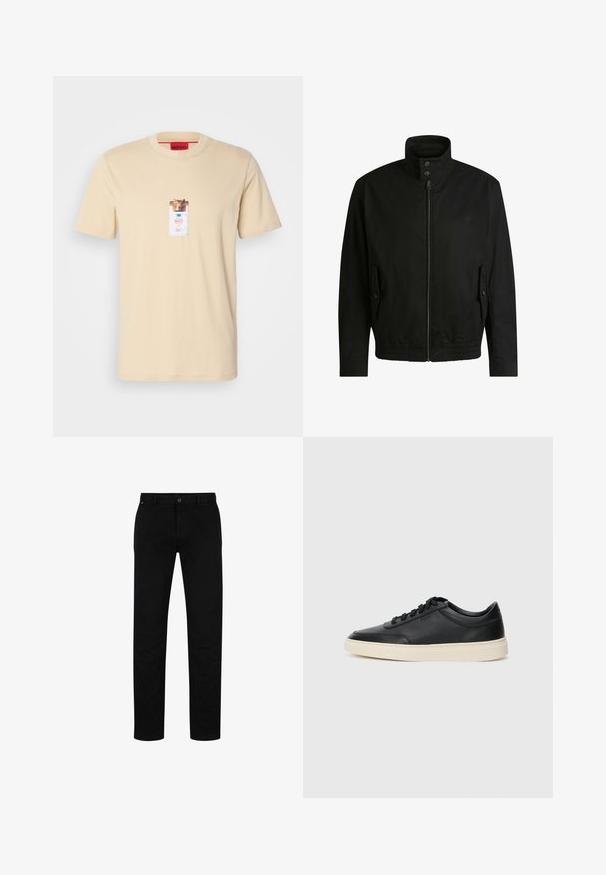 Sort jakke med høj krave, lynlåslukning foran og elastisk liv. Har sidelommer med coverlapper og subtile logo-detaljer.; Beige bomulds t-shirt med korte ærmer, der har et grafisk print, der ligner en lomme med et logo-design og en løve i midten.; Sorte bomuldsbukser med lige pasform, der har knaplukning, bæltestropper og minimalistisk design. Glat tekstur, ingen mønstre.; Sort lavt top lædersneaker med sorte snørebånd og off-white sål vist i sideprofil på hvid baggrund.