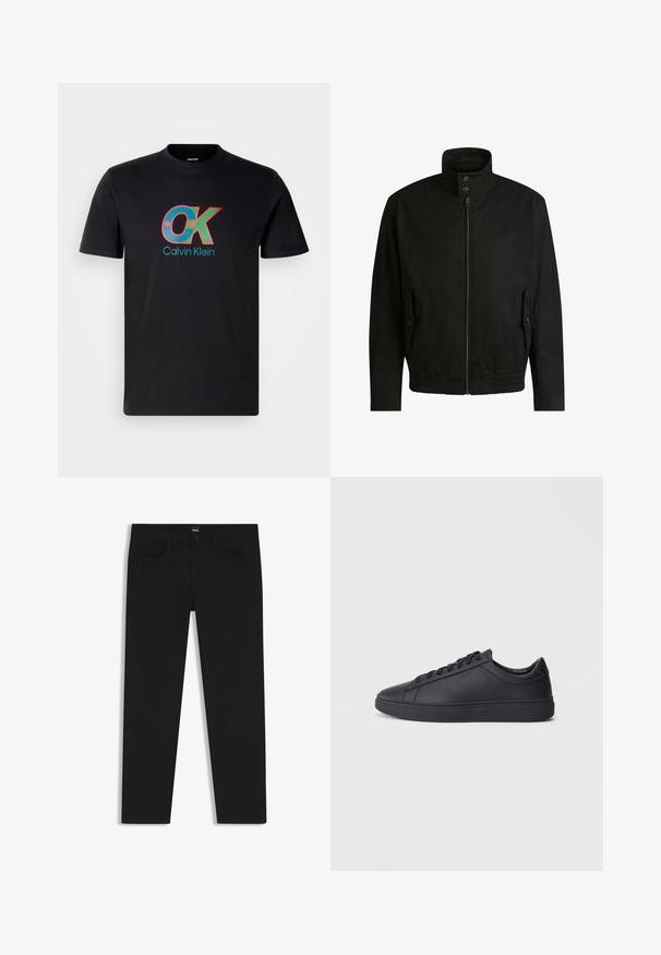 Black jacket with a high collar, zippered front, and elastic waistband. Features side pockets with cover flaps and subtle logo detailing.; Black cotton t-shirt featuring a multicolored "OK" logo and "Calvin Klein" text, round neckline, and short sleeves.; Black denim trousers with a straight cut, featuring a standard waistband, five pockets, and a button closure. Smooth texture throughout.; Black sneakers made of smooth leather with a low-top design, round toe, and flat rubber sole. Features laces and subtle branding.
