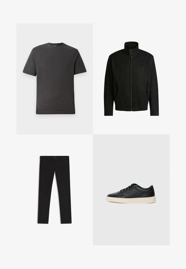 Black jacket with a high collar, zippered front, and elastic waistband. Features side pockets with cover flaps and subtle logo detailing.; Gray short-sleeve t-shirt made of a soft, lightweight fabric with a crew neckline and minimal seams. Suitable for casual wear.; Black trousers made of fabric with a smooth texture. Features a button closure, belt loops, and side pockets. Standard straight-leg design.; Black low-top leather sneaker with black laces and off-white sole shown in side profile on white background.