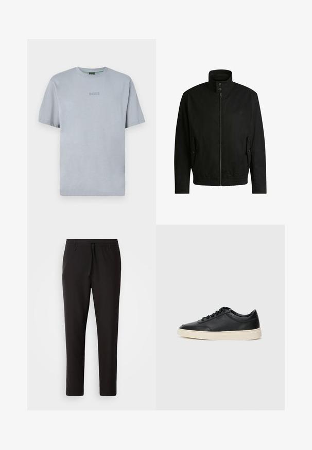 Black jacket with a high collar, zippered front, and elastic waistband. Features side pockets with cover flaps and subtle logo detailing.; Light blue, short-sleeve t-shirt made of soft fabric with a round neckline. Features embroidered "BOSS" logo on the chest.; Black jogger pants made of smooth fabric. Feature an elastic waistband with a drawstring, tapered legs, and no visible pockets. Simple design.; Black low-top leather sneaker with black laces and off-white sole shown in side profile on white background.
