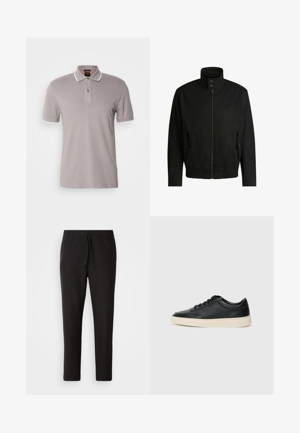 Sort jakke med høj krave, lynlåslukning foran og elastisk liv. Har sidelommer med coverlapper og subtile logo-detaljer.; Grå polo T-shirt lavet af blødt bomuld, med en to-knap placket, hvide krave accenter og et lille logo patch på brystet.; Sorte joggebukser lavet af glat stof. Har en elastisk talje med snor, tætsiddende ben og ingen synlige lommer. Enkel design.; Sort lavt top lædersneaker med sorte snørebånd og off-white sål vist i sideprofil på hvid baggrund.