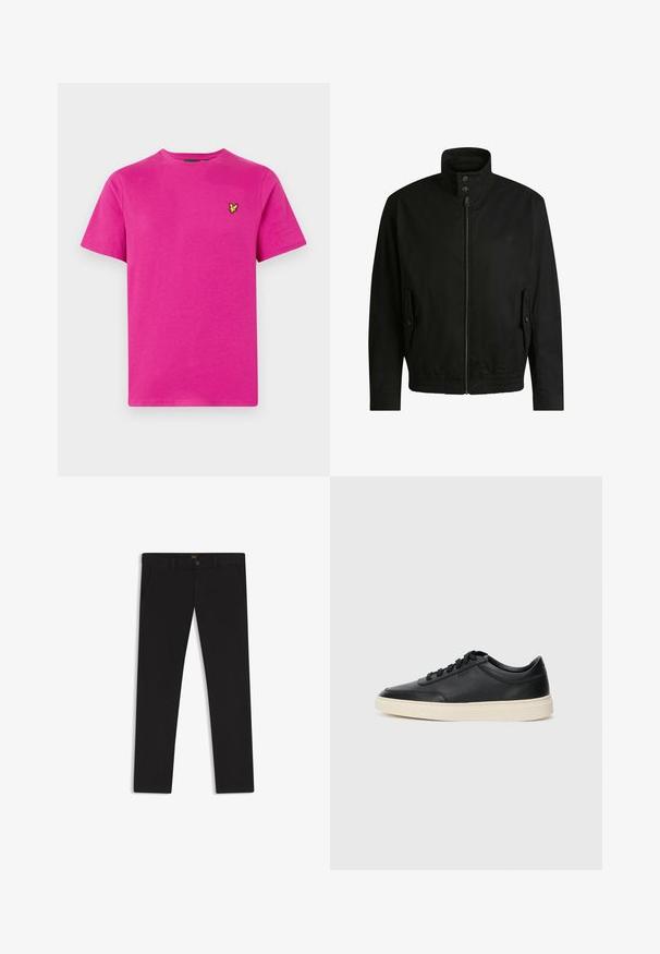 Sort jakke med høj krave, lynlåslukning foran og elastisk liv. Har sidelommer med coverlapper og subtile logo-detaljer.; Lyserød bomulds-T-shirt med rund hals og korte ærmer. Har et lille gult broderet logo på venstre bryst. Glat tekstur.; Sorte bukser lavet af stof med en glat tekstur. Har en knaplukning, bæltestropper og sidelommer. Standard design med lige ben.; Sort lavt top lædersneaker med sorte snørebånd og off-white sål vist i sideprofil på hvid baggrund.