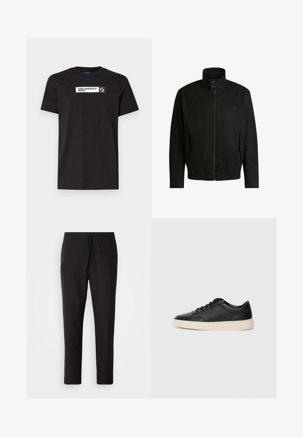 Schwarze Jacke mit hohem Kragen, Reißverschluss vorne und elastischem Bund. Enthält Seitentaschen mit Klappen und dezenten Logodetails.; Schwarzes Baumwoll-T-Shirt mit kurzen Ärmeln, das ein weißes Textgrafik-Label mit der Aufschrift "KARL LAGERFELD JEANS" und ein Logo aufweist, Rundhalsausschnitt.; Schwarze Jogginghose aus glattem Stoff. Mit einem elastischen Bund und Kordelzug, schmal zulaufenden Beinen und ohne sichtbare Taschen. Einfaches Design.; Schwarzer niedriger Ledersneaker mit schwarzen Schnürsenkeln und cremefarbenem Sohlenrand, seitlich auf weißem Hintergrund dargestellt.