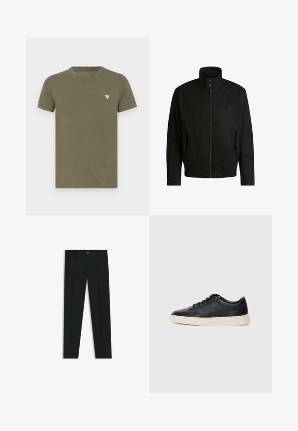 Giacca nera con colletto alto, chiusura con zip e vita elasticizzata. Presenta tasche laterali con flap di copertura e dettagli del logo discreti.; T-shirt verde oliva a maniche corte in cotone, con un piccolo logo triangolare rosso e bianco sulla parte sinistra del petto.; Pantaloni neri in tessuto lisci, con design a gamba dritta. Presentano una chiusura frontale con bottone e passanti per cintura. Senza fantasie.; Sneaker in pelle nera a basso profilo con lacci neri e suola avorio, mostrato di profilo su sfondo bianco.