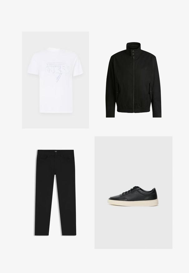 Black jacket with a high collar, zippered front, and elastic waistband. Features side pockets with cover flaps and subtle logo detailing.; White cotton t-shirt featuring a large iridescent "GUESS" logo and triangular design on the front. Standard crew neckline and short sleeves.; Black denim trousers with a straight cut, featuring a standard waistband, five pockets, and a button closure. Smooth texture throughout.; Black low-top leather sneaker with black laces and off-white sole shown in side profile on white background.