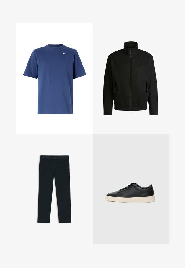 Black jacket with a high collar, zippered front, and elastic waistband. Features side pockets with cover flaps and subtle logo detailing.; Navy blue cotton t-shirt with a crew neckline, short sleeves, and a small white logo on the left chest. Smooth texture and regular fit.; Dark navy chinos made from cotton blend fabric. Features belt loops, front pockets, and a zipper fly with button closure.; Black low-top leather sneaker with black laces and off-white sole shown in side profile on white background.