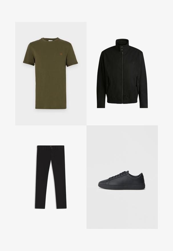 Svart jacka med hög krage, dragkedja fram och elastiskt midjeband. Har fickor på sidorna med lock och subtil logodetalj.; Olivgrön bomulls-t-shirt med korta ärmar, rundad hals och liten orange broderad "II" detalj på bröstet. Slät textur, enkel design.; Svarta byxor gjorda av tyg med en slät textur. Har en knäppning med knapp, bälteshällor och sidofickor. Standard rakt ben-design.; Svarta sneakers i slätt läder med låg design, rund tå och platt gummisula. Har snörning och subtil branding.