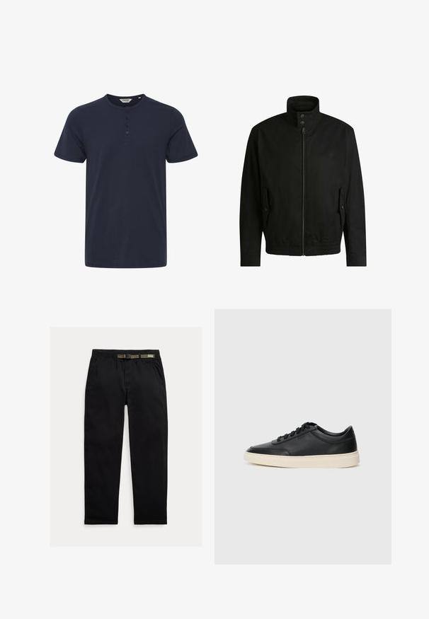Sort jakke med høj krave, lynlåslukning foran og elastisk liv. Har sidelommer med coverlapper og subtile logo-detaljer.; Mørkeblå t-shirt med korte ærmer lavet af bomuld, med rund halsudskæring og tre knapper. Glat tekstur uden mønstre.; Sorte bukser lavet af letvægtsstof, med en elastisk talje og et integreret grønt bælte, lige ben og sidelommer.; Sort lavt top lædersneaker med sorte snørebånd og off-white sål vist i sideprofil på hvid baggrund.