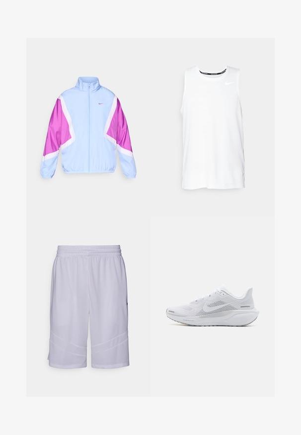 Chaqueta azul claro con patrones geométricos en rosa y blanco, cuello alto, cierre completo y puños elásticos. Logo de Nike en el pecho.; Camiseta sin mangas blanca de Nike para correr, con cuello redondo, textura suave y logo negro de Nike en la parte superior izquierda del pecho.; Pantalones cortos deportivos blancos hechos de tejido de malla transpirable. Presenta una cinturilla elástica y detalles en paneles angulados en el dobladillo.; Zapatilla deportiva blanca con parte superior de malla, sobrecapas de textura suave, acentos en gris, cordones y una suela acolchada diseñada para el rendimiento.