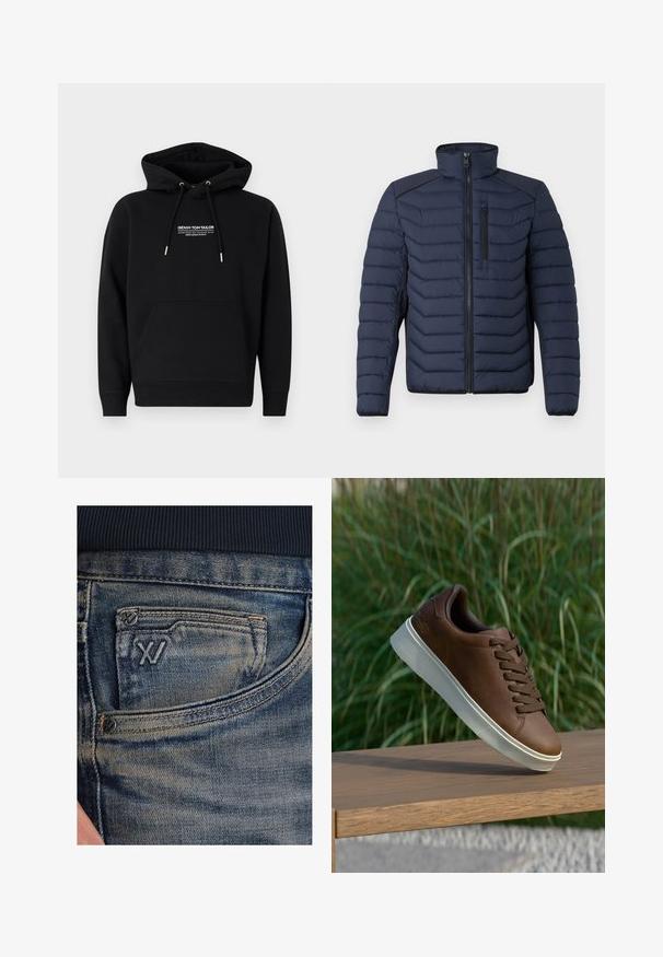 Mornarska puf jakna s okomitim šavovima, visokim ovratnikom, zatvaračem sprijeda i džepom na prsima; sadrži kontrastnu tkaninu na ramenima.; Crna dukserica od mješavine pamuka. Ima prednji kenguru džep, kapuljaču s uzicom i bijeli otisnuti logo na prsima. Standardni kroj.; Plave traperice s izblijedjelom teksturom, s džepom za kovanice i crnim logotipom sprijeda. Pojas je od tamno plave rebraste tkanine.; Smeđe kožne tenisice s bijelim gumiranim potplatom, zaobljenim nosom i smešnim vezicama. Teksturirana površina na potplatu i glatka završna obrada na gornjem dijelu.