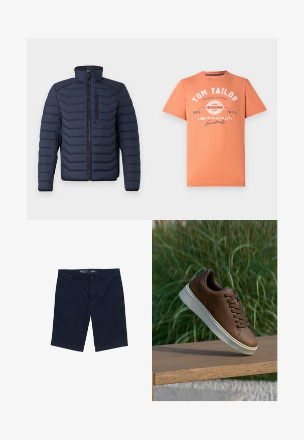 Chaqueta acolchada de color navy con costuras verticales, cuello alto, cierre de cremallera en la parte delantera y bolsillo en el pecho; presenta un tejido contrastante en los hombros.; Camiseta de manga corta en color coral naranja con cuello redondo. Presenta texto gráfico en blanco y detalles de logotipo en la parte frontal. Material de algodón.; Pantalones cortos azul marino de mezcla de algodón, con cierre de botón, bolsillos laterales y diseño de pierna recta. Etiqueta de talla M visible.; Zapatilla de cuero marrón con suela de goma blanca, puntera redondeada y cordones marrones. Agarre texturizado en la suela y acabado suave en la parte superior.