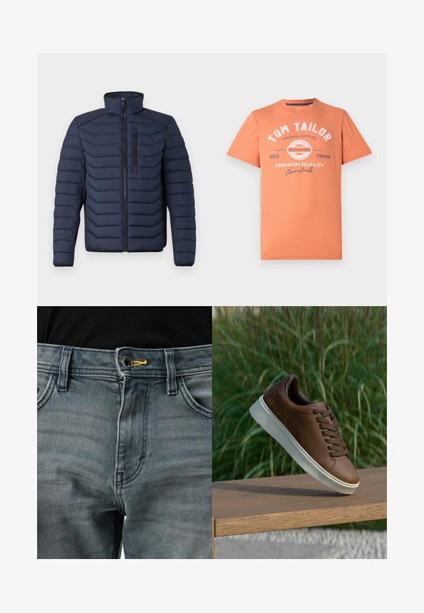 Marineblå pufferjakke med vertikal søm, høy krage, glidelås foran og brystlomme; har kontraststoff på skuldrene.; Kortsleeve T-skjorte i koralloransje med rund halslinning. Har hvite grafiske tekster og logo detaljer på forsiden. Laget av bomull.; Falmede blå denimjeans med knappelukking, gul accent på livlinjen og klassisk fem-lomme-design. Teksturen ser myk og slitt ut.; Brune lærersneaker med hvit gummisåle, rund tå og brune lisser. Teksturert grep på sålen og glatt overflate på overdelen.