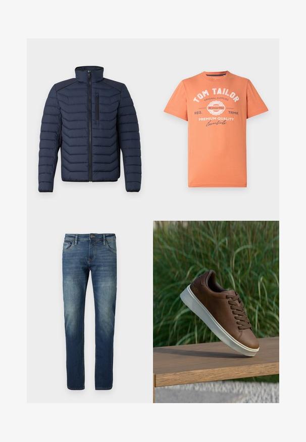 Mornarska puf jakna s okomitim šavovima, visokim ovratnikom, zatvaračem sprijeda i džepom na prsima; sadrži kontrastnu tkaninu na ramenima.; T-shirt kratkih rukava u koraljno narančastoj boji s okruglim izrezom. Ima bijeli grafički natpis i detalje logotipa na prednjoj strani. Pamučni materijal.; Plave traperice s ravnim nogavicama, izblijedjelim prednjim dijelom, kontrastnim šavovima, pet džepova i zatvaranjem na gumb.; Smeđe kožne tenisice s bijelim gumiranim potplatom, zaobljenim nosom i smešnim vezicama. Teksturirana površina na potplatu i glatka završna obrada na gornjem dijelu.