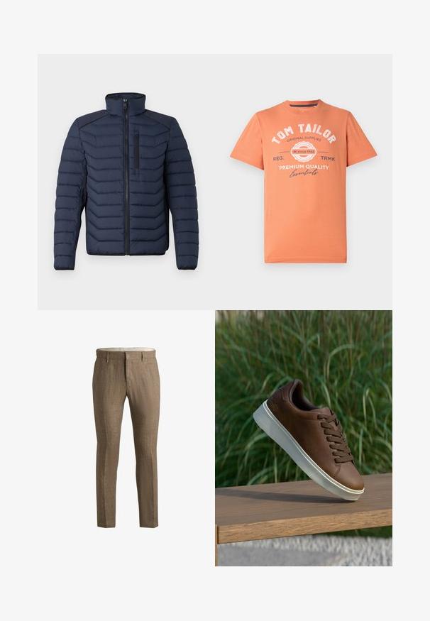 Tumes sinine puffjakker, millel on vertikaalne õmblus, kõrge krae, lukuga eesmine osa ja rinna tasku; õlgadel on kontrastne kangas.; Lühikeste varrukatega T-särk koralloranžis, ümmarguse kaelusega. Ees on valge graafika tekst ja logo. Materjal: puuvill.; Pruunist linaast valmistatud püksid tekstuurse viimistlusega. Omab klassikat, küljetaskud ja diskreetne esiosa sulgemise detail.; Pruun nahast tenniseking valge kummist tallaga, ümar varvas ja pruunid laced. Talla tekstuuriline haardepind ja ülemise sile pind.