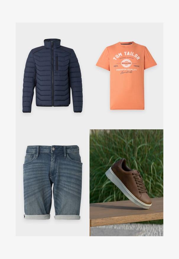 Marineblå pufferjakke med vertikal søm, høy krage, glidelås foran og brystlomme; har kontraststoff på skuldrene.; Kortsleeve T-skjorte i koralloransje med rund halslinning. Har hvite grafiske tekster og logo detaljer på forsiden. Laget av bomull.; Dongerishorts i lys til medium blå med en falmet vask, med rullet kant, fem lommer og en metallknappstenging i midjen.; Brune lærersneaker med hvit gummisåle, rund tå og brune lisser. Teksturert grep på sålen og glatt overflate på overdelen.