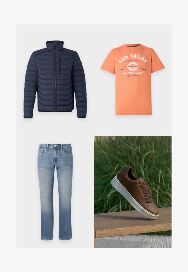 Tumes sinine puffjakker, millel on vertikaalne õmblus, kõrge krae, lukuga eesmine osa ja rinna tasku; õlgadel on kontrastne kangas.; Lühikeste varrukatega T-särk koralloranžis, ümmarguse kaelusega. Ees on valge graafika tekst ja logo. Materjal: puuvill.; TOM TAILOR MARVIN - Sirgete säärtega teksad - clean light stone blue denim; Pruun nahast tenniseking valge kummist tallaga, ümar varvas ja pruunid laced. Talla tekstuuriline haardepind ja ülemise sile pind.