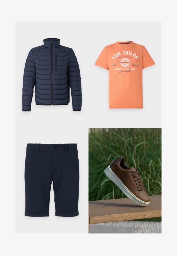 Mornarska puf jakna s okomitim šavovima, visokim ovratnikom, zatvaračem sprijeda i džepom na prsima; sadrži kontrastnu tkaninu na ramenima.; T-shirt kratkih rukava u koraljno narančastoj boji s okruglim izrezom. Ima bijeli grafički natpis i detalje logotipa na prednjoj strani. Pamučni materijal.; Tamno plave kratke hlače od pamuka s glatkom teksturom, s prevrnutim rubovima i kopčanjem na dugme u struku.; Smeđe kožne tenisice s bijelim gumiranim potplatom, zaobljenim nosom i smešnim vezicama. Teksturirana površina na potplatu i glatka završna obrada na gornjem dijelu.