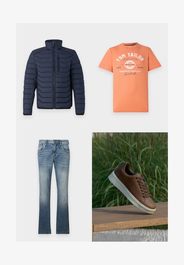 Jachetă puffer bleumarin cu cusături verticale, guler înalt, fermoar frontal și buzunar pe piept; are un material contrastant pe umeri.; Tricou cu mânecă scurtă, de culoare coral portocalie, cu guler rotund. Prezintă text grafic alb și detalii cu logo pe față. Material din bumbac.; Jeans din denim decolorate, de culoare albastru deschis, cu croială evazată, spălare în degrade, design cu cinci buzunare, închidere cu nasture metalic și cusături vizibile pe cusături.; Tenis din piele maro cu talpă din cauciuc alb, vârf rotund și șireturi maronii. Textură de aderență pe talpă și finisaj neted pe partea superioară.