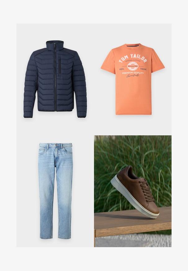 Giacca a vento navy con cuciture verticali, colletto alto, zip frontale e taschino sul petto; presenta un tessuto contrastante sulle spalle.; T-shirt a maniche corte in arancione corallo con collo rotondo. Presenta testo grafico bianco e dettagli con logo sul davanti. Materiale in cotone.; Jeans in denim azzurro chiaro con una vestibilità dritta, design a cinque tasche, texture sbiadita e chiusura con bottone e cerniera classica.; Sneaker in pelle marrone con suola in gomma bianca, punta arrotondata e lacci marroni. Grip testurizzato sulla suola e finitura liscia sulla parte superiore.