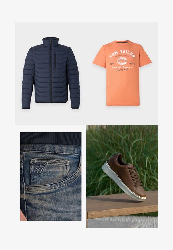 Marineblauwe pufferjas met verticale stiksels, hoge kraag, rits aan de voorkant en borstzak; beschikt over contrasterende stof op de schouders.; Korte mouwen T-shirt in koraaloranje met ronde hals. Bevat witte grafische tekst en logo-detaillering op de voorkant. Van katoen.; Blauwe spijkerbroek met een vervaagde textuur, voorzien van een muntzakje en een zwart logo-accent aan de voorkant. De tailleband is gemaakt van donkerblauw geribd stof.; Bruine leren sneaker met een witte rubberen zool, ronde neus en bruine veters. Getextureerde grip op de zool en een gladde afwerking op het bovenwerk.