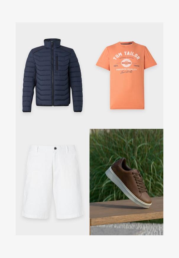 Navy puffer jacket with vertical stitching, high collar, zip front, and chest pocket; features contrasting fabric on shoulders.; Short-sleeve T-shirt in coral orange with round neckline. Features white graphic text and logo detailing on the front. Cotton material.; White linen shorts with a relaxed fit, featuring a single button closure, belt loops, and side pockets. Smooth texture and straight hem.; Brown leather sneaker with white rubber sole, rounded toe, and brown laces. Textured grip on the sole and smooth finish on the upper.