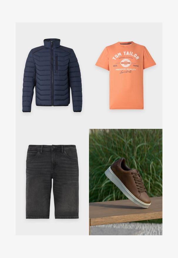 Marineblauwe pufferjas met verticale stiksels, hoge kraag, rits aan de voorkant en borstzak; beschikt over contrasterende stof op de schouders.; Korte mouwen T-shirt in koraaloranje met ronde hals. Bevat witte grafische tekst en logo-detaillering op de voorkant. Van katoen.; Zwarte denim shorts met een rechte snit, vijf zakken en een knoopsluiting. Heeft een lichte vervaging en een stevige stoftextuur.; Bruine leren sneaker met een witte rubberen zool, ronde neus en bruine veters. Getextureerde grip op de zool en een gladde afwerking op het bovenwerk.