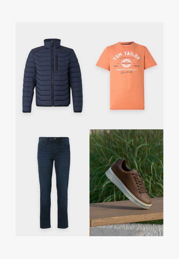 Mornarska puf jakna s okomitim šavovima, visokim ovratnikom, zatvaračem sprijeda i džepom na prsima; sadrži kontrastnu tkaninu na ramenima.; T-shirt kratkih rukava u koraljno narančastoj boji s okruglim izrezom. Ima bijeli grafički natpis i detalje logotipa na prednjoj strani. Pamučni materijal.; Tamno plave traperice s ravnim krojem, s pet džepova, zatvaranjem na gumb i suptilnim izbljeđivanjem sprijeda.; Smeđe kožne tenisice s bijelim gumiranim potplatom, zaobljenim nosom i smešnim vezicama. Teksturirana površina na potplatu i glatka završna obrada na gornjem dijelu.