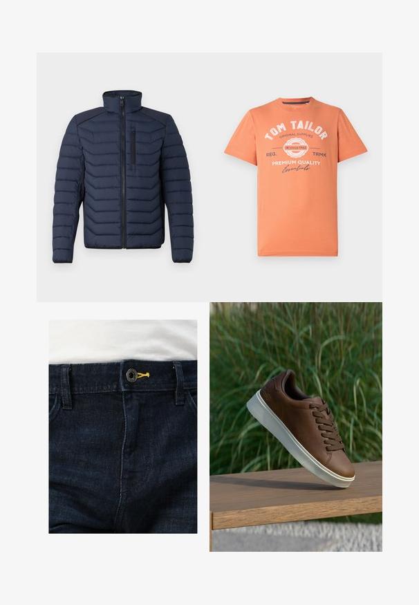 Casaco tipo puffer azul-marinho com costuras verticais, gola alta, fecho de correr à frente e bolso no peito; apresenta tecido contrastante nos ombros.; T-shirt de mangas curtas em laranja coral com decote redondo. Apresenta texto gráfico branco e detalhes do logótipo na parte da frente. Material em algodão.; Jeans de ganga azul escura com um fecho de botão padrão com um detalhe amarelo e múltiplos bolsos. A textura parece suave com um leve brilho.; Sapatilha de couro castanho com sola de borracha branca, bico redondo e atacadores castanhos. Superfície texturizada na sola e acabamento suave na parte superior.