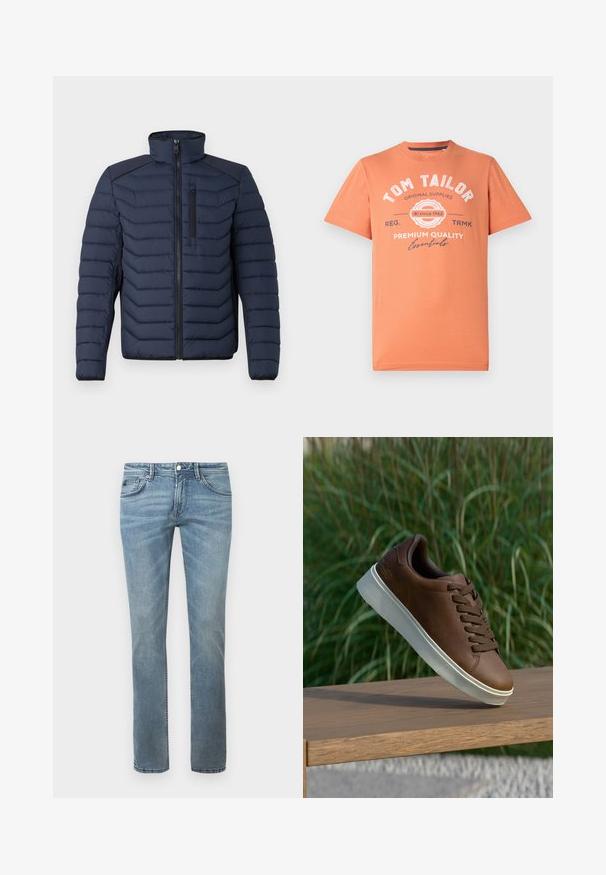 Marineblå pufferjakke med vertikal søm, høy krage, glidelås foran og brystlomme; har kontraststoff på skuldrene.; Kortsleeve T-skjorte i koralloransje med rund halslinning. Har hvite grafiske tekster og logo detaljer på forsiden. Laget av bomull.; Lyseblå jeans med rett ben-design, laget av denim. Funksjoner inkluderer standardlommer, beltehemper og subtil fading.; Brune lærersneaker med hvit gummisåle, rund tå og brune lisser. Teksturert grep på sålen og glatt overflate på overdelen.