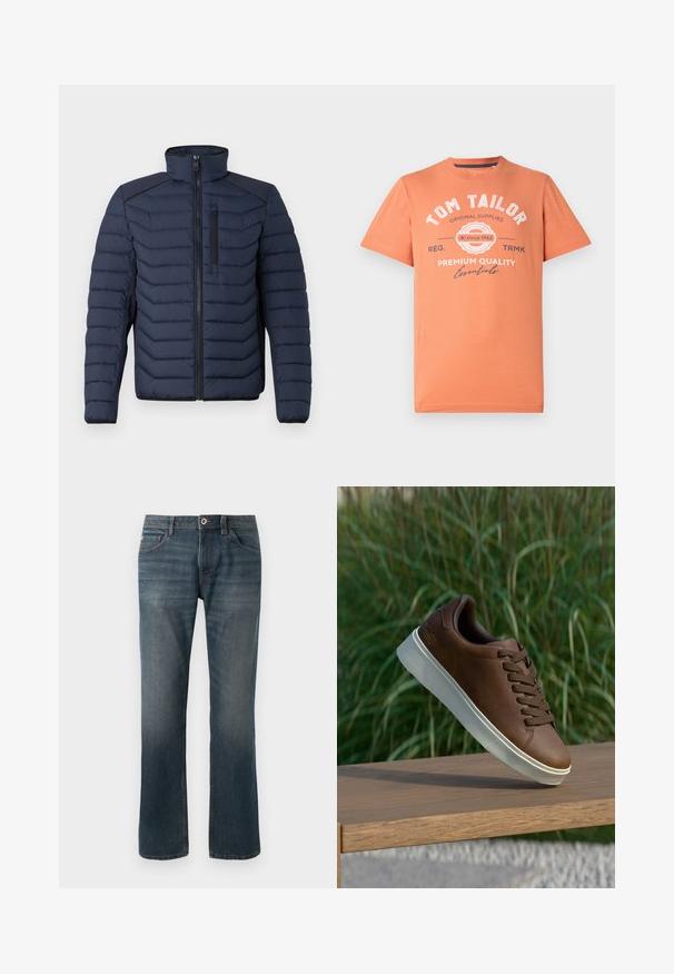 Mornarska puf jakna z navpičnim šivom, visokim ovratnikom, zadrgo spredaj in žepom na prsih; ima kontrastno blago na ramenih.; T-maica s kratkimi rokavi v koralno oranžni barvi z okroglo izrezom. Ima bel grafični napis in detajle logotipa spredaj. Iz bombažnega materiala.; Temno modri denim kavbojki s ravnim krojem nogavic. Značilnosti vključujejo pet žepov, kontrastno šivanje ter sprednji gumb in zadrgo.; Rjave usnjene tene s belim gumijastim podplatom, zaobljenim nosom in rjavimi vezalkami. Teksturni oprijem na podplatu in gladka površina na zgornjem delu.