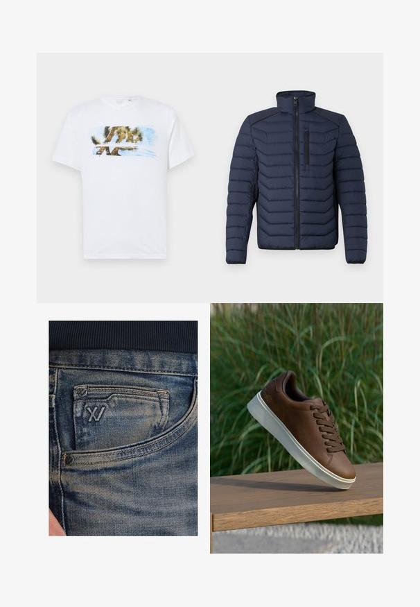 Marineblaue Steppjacke mit vertikalen Nähten, hohem Kragen, durchgehendem Reißverschluss und Brusttasche; mit kontrastierendem Stoff auf den Schultern.; Weißes Baumwoll-T-Shirt mit einem bunten Grafikdesign eines Joshua-Baums und blauem Himmel. Kurze Ärmel, runder Halsausschnitt und lockere Passform.; Blaue Jeans aus Denim mit einem ausgeblichenen Muster, ausgestattet mit einer Münztasche und einem schwarzen Logo-Akzent auf der Vorderseite. Der Bund besteht aus dunkelblauem, geripptem Stoff.; Braune Ledersneaker mit weißer Gummisohle, runder Zehenform und braunen Schnürsenkeln. Strukturierte Grip-Oberfläche auf der Sohle und glatte Verarbeitung im oberen Bereich.