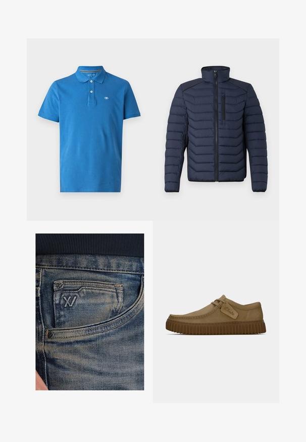 Niebieska kurtka puchowa z pionowymi przeszyciami, wysokim kołnierzem, zamkiem z przodu i kieszenią na piersi; posiada kontrastowy materiał na ramionach.; Niebieska koszulka polo wykonana z bawełny, z kołnierzykiem, zapięciem na dwa guziki, krótkimi rękawami i małym logo na klatce piersiowej.; Niebieskie dżinsy z denimu o wyblakłej fakturze, z kieszonką na monety i czarnym logo na przodzie. Pas wykonany z ciemnogranatowej dzianiny prążkowanej.; Jasnobrązowe zamszowe buty z okrągłym noskiem, z przeszyciami i brązową gumową podeszwą o żebrowanej fakturze. Posiadają boczną metkę z logo "Clarks".
