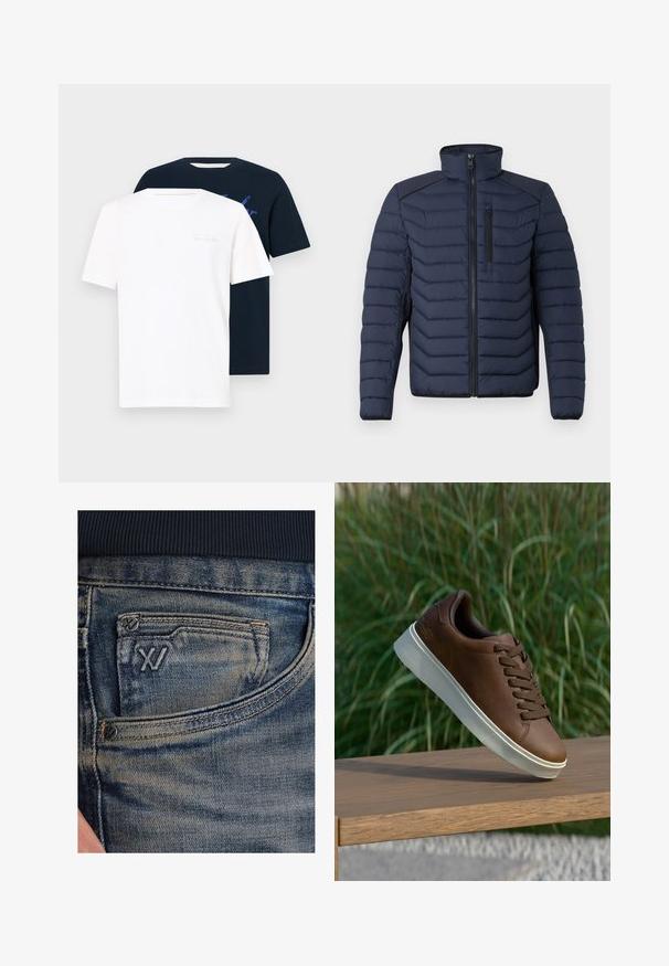 Niebieska kurtka puchowa z pionowymi przeszyciami, wysokim kołnierzem, zamkiem z przodu i kieszenią na piersi; posiada kontrastowy materiał na ramionach.; Dwa t-shirty z okrągłym dekoltem: jeden biały z jasnym nadrukiem, drugi granatowy z graficznym wzorem. Oba są z krótkim rękawem i wykonane z miękkiego materiału.; Niebieskie dżinsy z denimu o wyblakłej fakturze, z kieszonką na monety i czarnym logo na przodzie. Pas wykonany z ciemnogranatowej dzianiny prążkowanej.; Brązowe skórzane sneakersy z białą gumową podeszwą, okrągłym noskiem i brązowymi sznurówkami. Teksturowany uchwyt na podeszwie i gładkie wykończenie na górze.