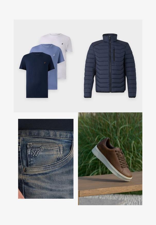 Marineblauwe pufferjas met verticale stiksels, hoge kraag, rits aan de voorkant en borstzak; beschikt over contrasterende stof op de schouders.; Drie crew neck t-shirts in donker marineblauw, lichtblauw en wit. Gemaakt van katoen met een zachte textuur, voorzien van een klein logo op de borst.; Blauwe spijkerbroek met een vervaagde textuur, voorzien van een muntzakje en een zwart logo-accent aan de voorkant. De tailleband is gemaakt van donkerblauw geribd stof.; Bruine leren sneaker met een witte rubberen zool, ronde neus en bruine veters. Getextureerde grip op de zool en een gladde afwerking op het bovenwerk.
