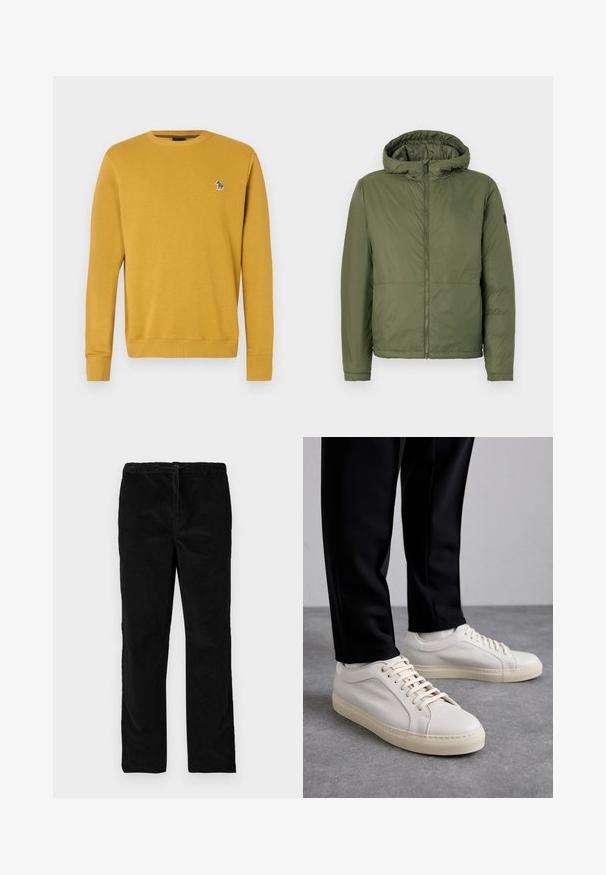 Olive green hooded jacket with a front zipper, made of smooth material, featuring long sleeves and a relaxed fit.; Mustard yellow sweatshirt with a round neck, ribbed cuffs, and hem, featuring a small embroidered design on the chest. Soft fabric texture.; Black straight-leg velvet pants with elastic waistband and front drawstring, displayed against a plain white background.; Light beige leather sneakers with flat laces, a textured surface, and a contrasting cream-colored rubber sole, paired with black tapered pants.