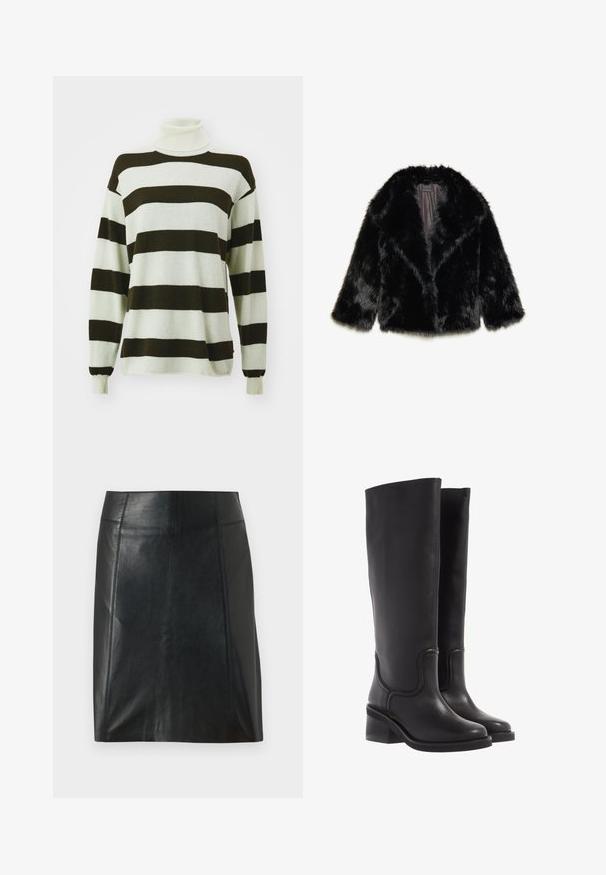 Giacca in pelliccia sintetica nera con colletto, maniche a tre quarti e foderatura interna in satin. Finitura testurizzata e soffice con silhouette rilassata.; Maglione a righe con ampie righe marrone scuro e grigio chiaro, design con collo alto, maniche lunghe e texture morbida.; Gonna in pelle nera con un design aderente. Texture liscia, cuciture che delineano la forma e orlo dritto. Aspetto minimalista e slanciato.; Stivali neri in pelle al ginocchio con una texture liscia, punta arrotondata e tacco spesso. Presentano una cucitura sottile e un design elegante.