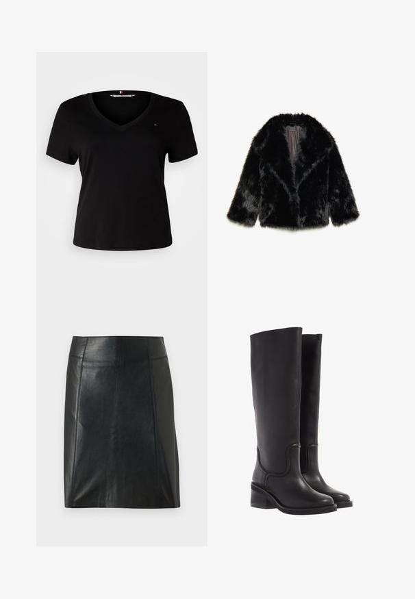 Chaqueta de piel sintética negra con cuello, mangas tres cuartos y forro interior de satén. Acabado texturizado y esponjoso con una silueta relajada.; Camiseta negra de manga corta con escote en V, fabricada con una tela suave. Presenta un pequeño logo bordado en el pecho.; Minifalda de piel negra con un diseño ajustado. Textura suave, costuras que delinean la forma y un dobladillo recto. Apariencia minimalista y elegante.; Botas de cuero negro hasta la rodilla con una textura suave, punta redondeada y un tacón ancho. Presenta costuras sutiles y un diseño aerodinámico.