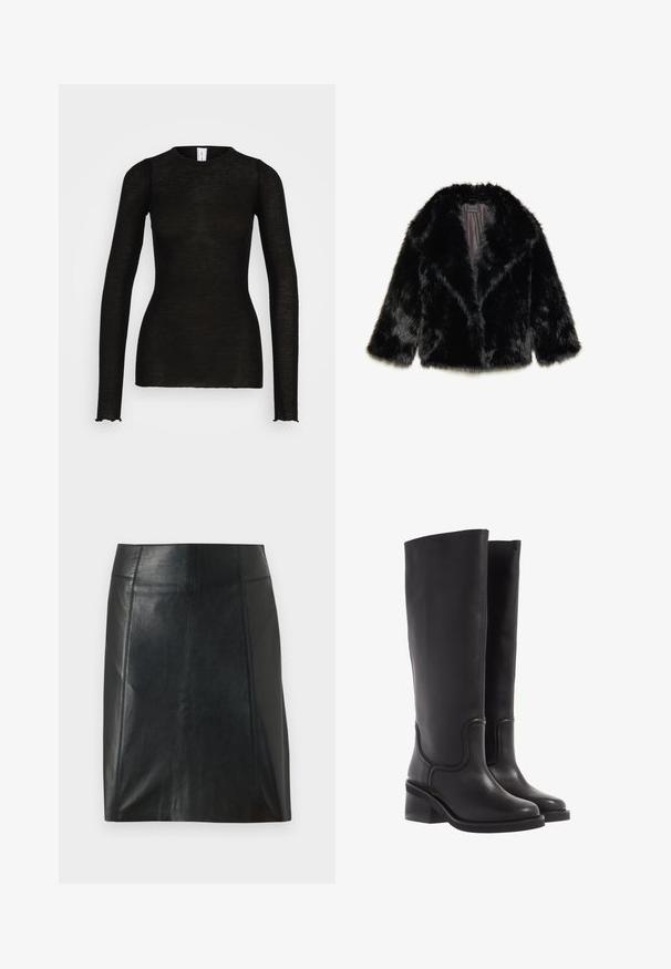 Juodas dirbtinio kailio švarkas su apykakle, trijų ketvirčių rankovėmis ir satino pamušalu. Strukturizuota, pūkuota apdaila su laisva siluetu.; Samsøe Samsøe DOUDO - Ilgarankovis viršutinės dalies drabužis - black; Juodas odinis sijonas su prigludusia forma. Sklandžiai tekstūra, siūlės apibrėžiančios formą ir tiesus apvadas. Minimalistiškas ir elegantiškas išvaizda.; Juodi odiniai iki kelių batai su lygiu paviršiumi, apvali nosimi ir storu kulnu. Pasižymi subtiliu siuvinėjimu ir vientisu dizainu.