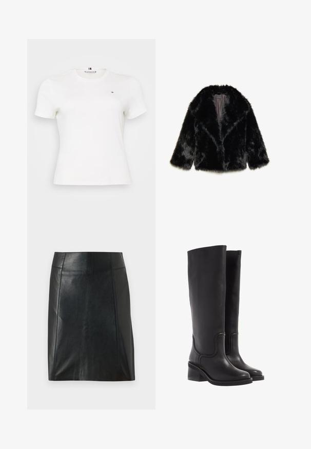 Juodas dirbtinio kailio švarkas su apykakle, trijų ketvirčių rankovėmis ir satino pamušalu. Strukturizuota, pūkuota apdaila su laisva siluetu.; Balta trumpa rankovėmis marškinėliai, pagaminti iš medvilnės. Turi apvalų iškirpimą ir mažą logotipą ant kairiojo krūtinės. Lygus paviršius ir prigludęs dizainas.; Juodas odinis sijonas su prigludusia forma. Sklandžiai tekstūra, siūlės apibrėžiančios formą ir tiesus apvadas. Minimalistiškas ir elegantiškas išvaizda.; Juodi odiniai iki kelių batai su lygiu paviršiumi, apvali nosimi ir storu kulnu. Pasižymi subtiliu siuvinėjimu ir vientisu dizainu.