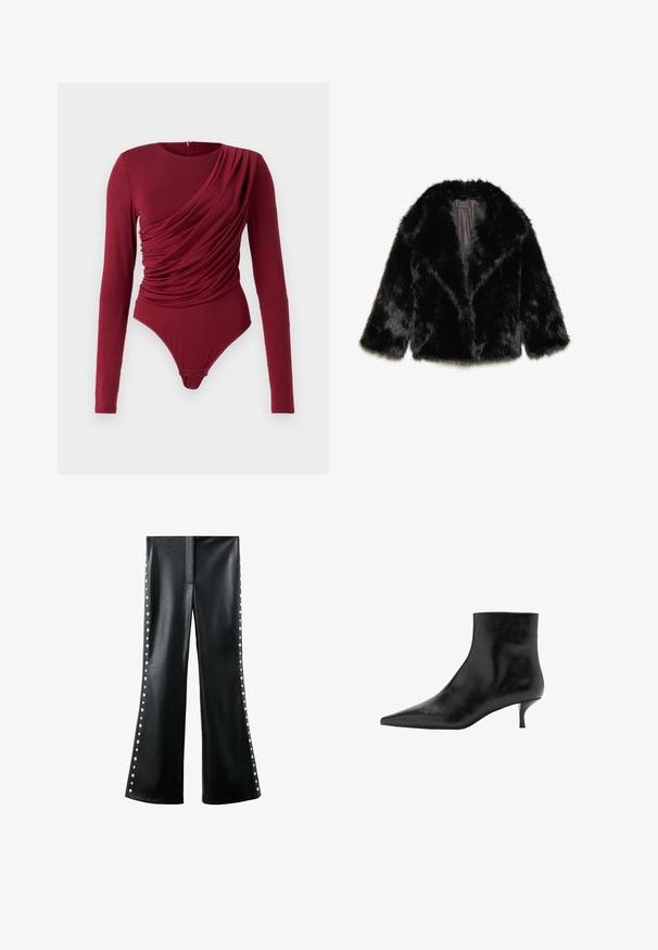 Čierna umelá kožušinová bunda s golierom, trojštvrťovými rukávmi a saténovou podšívkou. Textúrovaný, nadýchaný vzhľad s voľným strihom.; Dlhý rukáv body v tmavo červenej farbe, s drapériou, hlbokým výstrihom a patentkami na spodnej strane, vyrobené z jemného elastického materiálu.; Čierne nohavice z faux kože s rozšírenými nohavicami, bočnými cvočkami a hladkou textúrou. Navrhnuté s elegantným predným zapínaním a bez vreciek.; Čierne kožené členkové topánky s špicatou špičkou, štíhlym podpätkom typu kitten a hladkým povrchom. Jednoduchý dizajn, bez dekoratívnych akcentov.