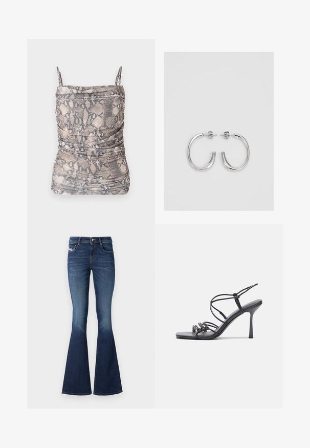 Fekete bőr, rövidített dzseki aszimmetrikus cipzáras záródással, széles hajtókákkal, bordázott mandzsettákkal és aljjal. Textúrázott felülettel és oldalsó zsebével rendelkezik.; Barna és szürke kígyóbőr minta hosszú pántos felső, rojtokkal és puha, texturált anyaggal.; Sötét mosású, harangszárú farmernadrág, közép magas derékkal, klasszikus öt zsebes kialakítással és enyhe halványítással a comboknál.; Fekete magas sarkú szandálok vékony pántokkal, csomózott mintával, sima négyzetes orral és karcsú stiletto sarkal rendelkeznek.; Ezüst karika fülbevalók sima, fényes felülettel. Lekerekített forma, könnyű kialakítással, tűs zárómechanizmussal.