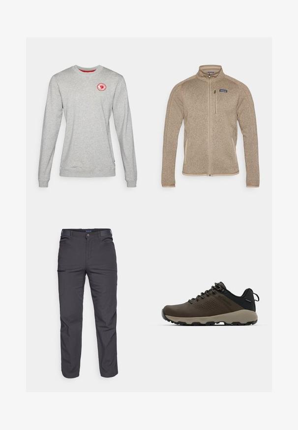 Fleece jacket in tan with a high collar and full front zip. Features beige trim and a small logo on the left chest. Textured fabric.; Gray crewneck sweatshirt made of cotton blend fabric, featuring a red circular logo on the chest and ribbed cuffs at the sleeves and hem.; Dark gray trousers made of durable fabric, featuring a zippered pocket, straight cut, and belt loops for adjustable fit.; Brown waterproof sneakers with a textured upper, perforated accents, black heel support, and a grey rubber sole. Laces are styled with metallic ends.